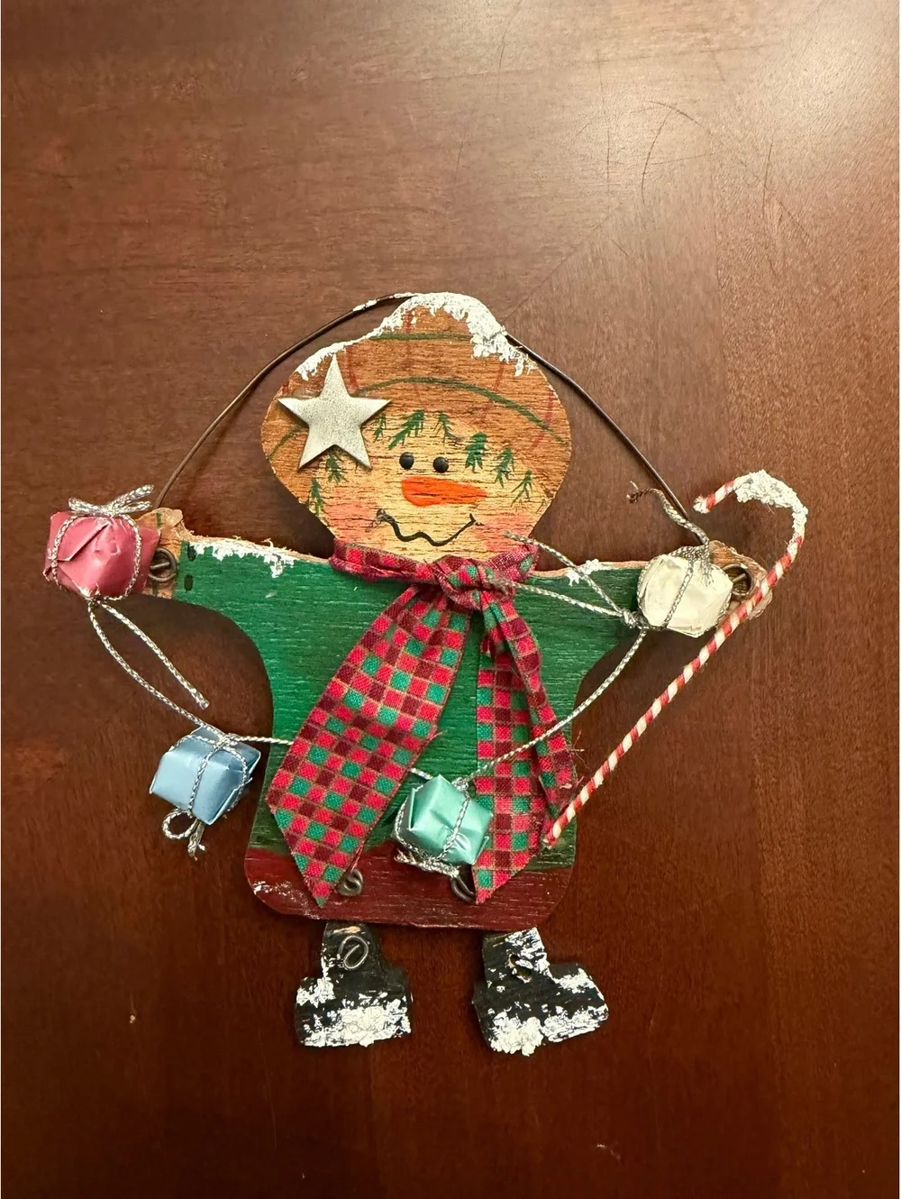 Handcrafted Wooden Gingerbread Man Christmas Ornament with Bells and Candy Cane